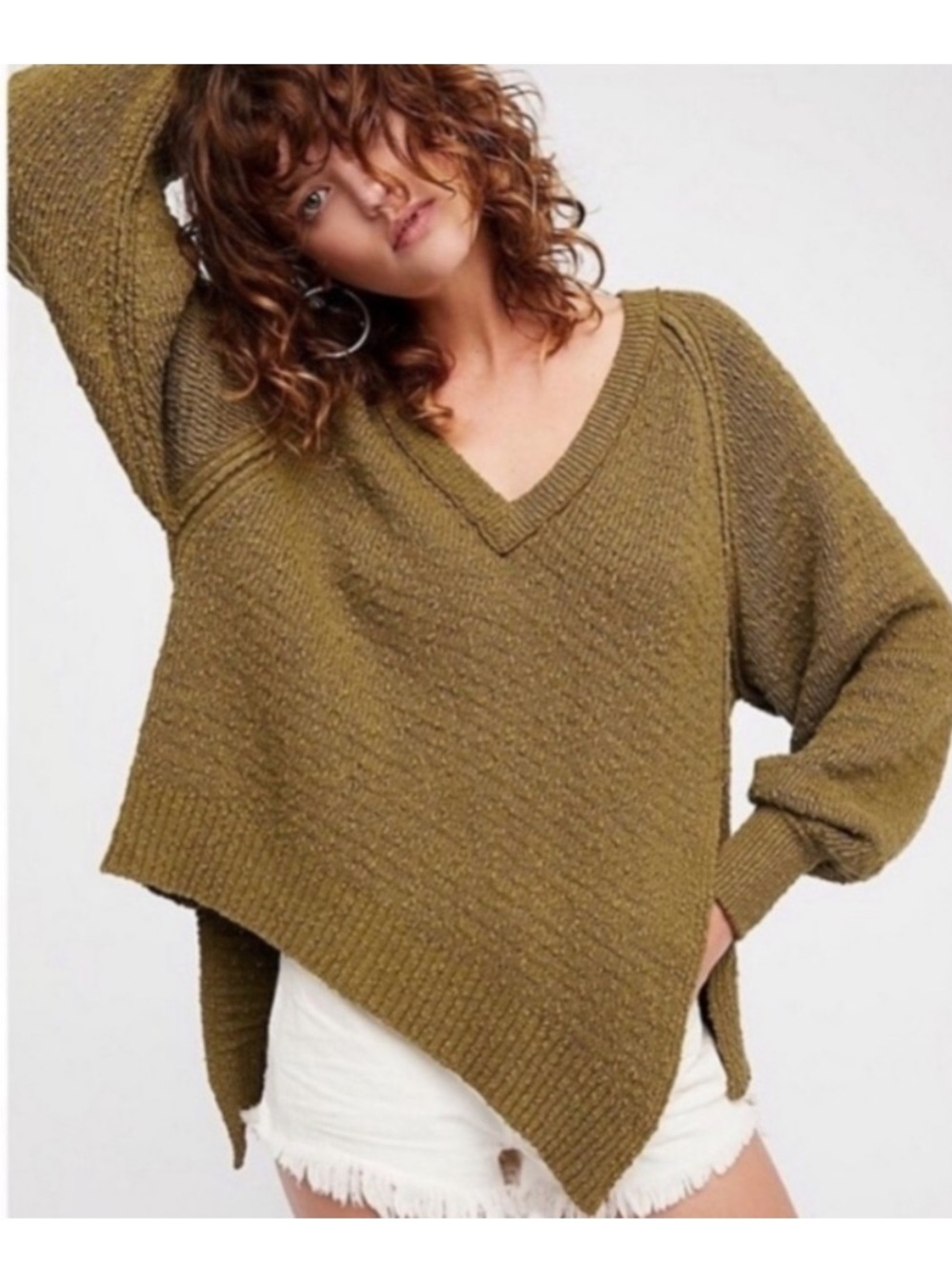 Free People Chunky Knit Sweater – Cozy Olive Green V-Neck – Size Large